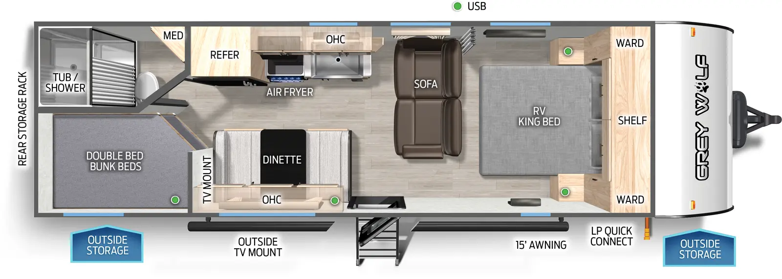 The Grey Wolf 26DJSE floorplan has one entry and zero slide outs. Exterior features include: metal exterior and 15' awning. Interiors features include: bunk beds and front bedroom.